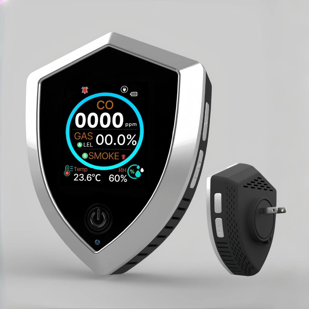 5-in-1 Plug-in Smart Detector: Smoke, CO & Combustible Gas Alarm with Battery Backup & LCD Display