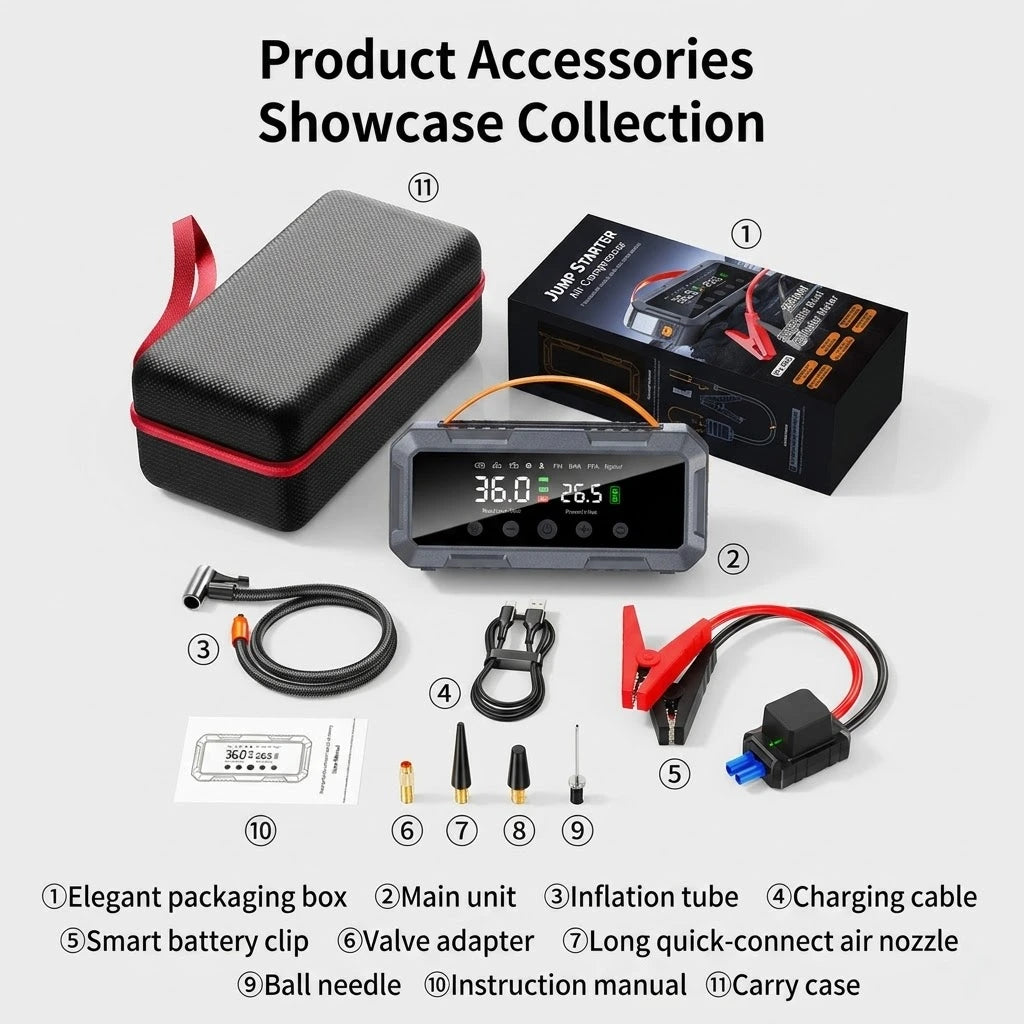 2000A Car Jump Starter & 25mm Dual Cylinder Air Compressor (150 PSI)