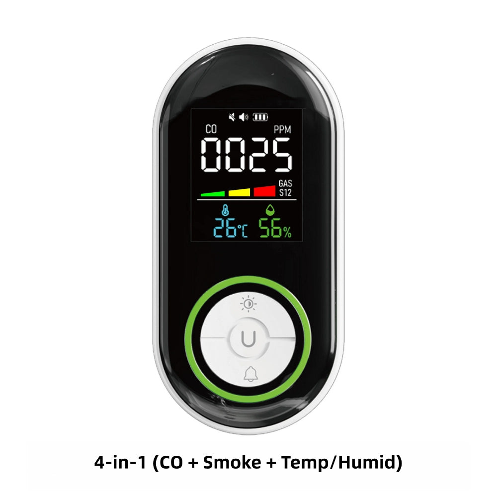 5-in-1 Smoke, CO & Combustible Gas Detector with LCD Temp/Humidity Monitor, 10-Year Lifespan & 1000mAh Battery Backup, Plug-in Design