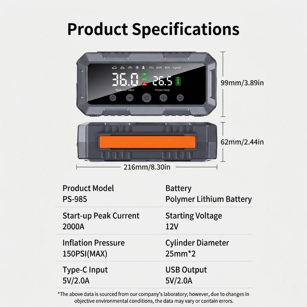 2000A Car Jump Starter & 25mm Dual Cylinder Air Compressor (150 PSI)