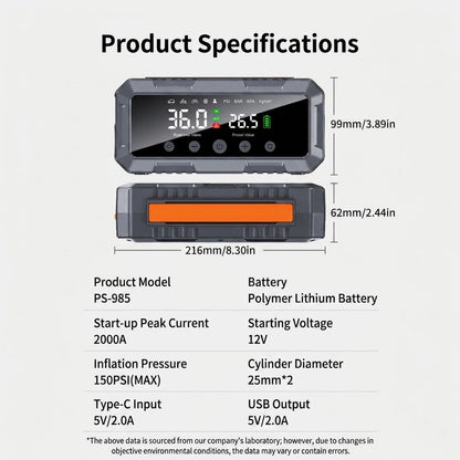 2000A Car Jump Starter & 25mm Dual Cylinder Air Compressor (150 PSI)