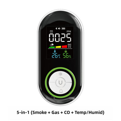 5-in-1 Smoke, CO & Combustible Gas Detector with LCD Temp/Humidity Monitor, 10-Year Lifespan & 1000mAh Battery Backup, Plug-in Design