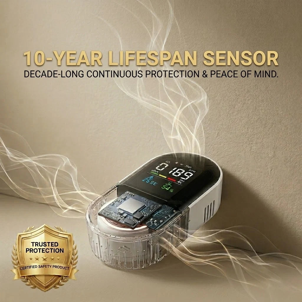 5-in-1 Smoke, CO & Combustible Gas Detector with LCD Temp/Humidity Monitor, 10-Year Lifespan & 1000mAh Battery Backup, Plug-in Design