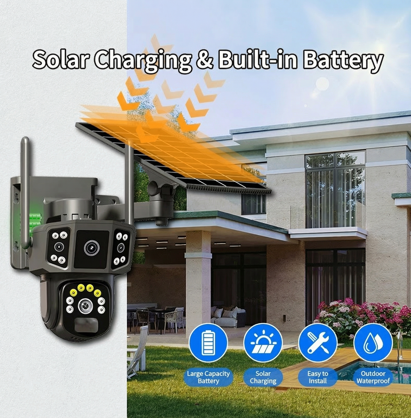 Solar Security Camera Outdoor - Dual Lens PTZ WiFi Camera with Color Night Vision & Two-Way Audio
