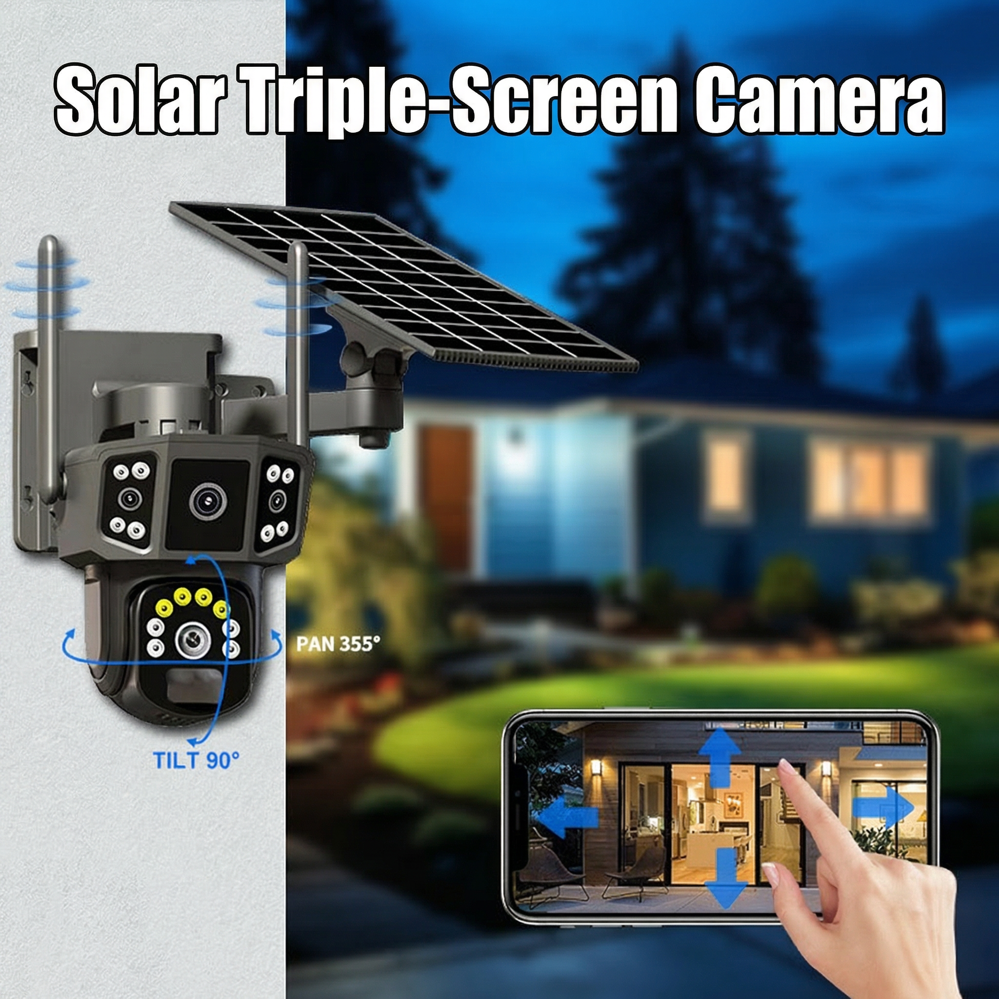 V380Solar Camera Three-screen Outdoor HD Full-color Night Vision Mobile Phone Remote Gun Ball Surveillance Camera