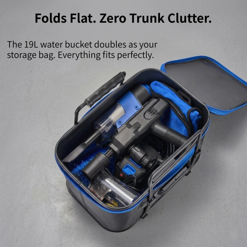 The 19L water bucket doubles as yourstorage bag. Everything fits perfectly.