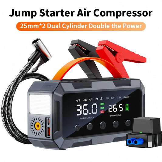 2000A Car Jump Starter & 25mm Dual Cylinder Air Compressor (150 PSI)