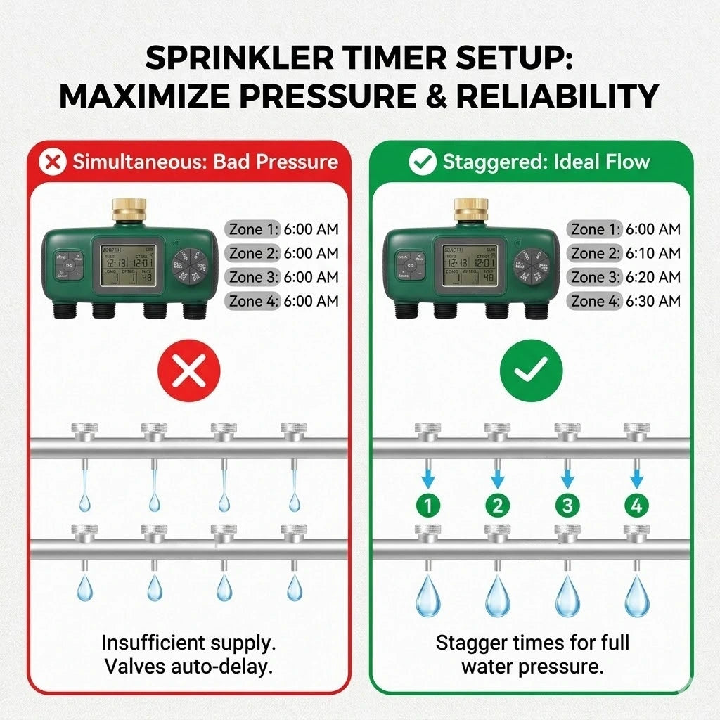 Insufficient supply.
Valves auto-delay.
Stagger times for fullwater pressure.