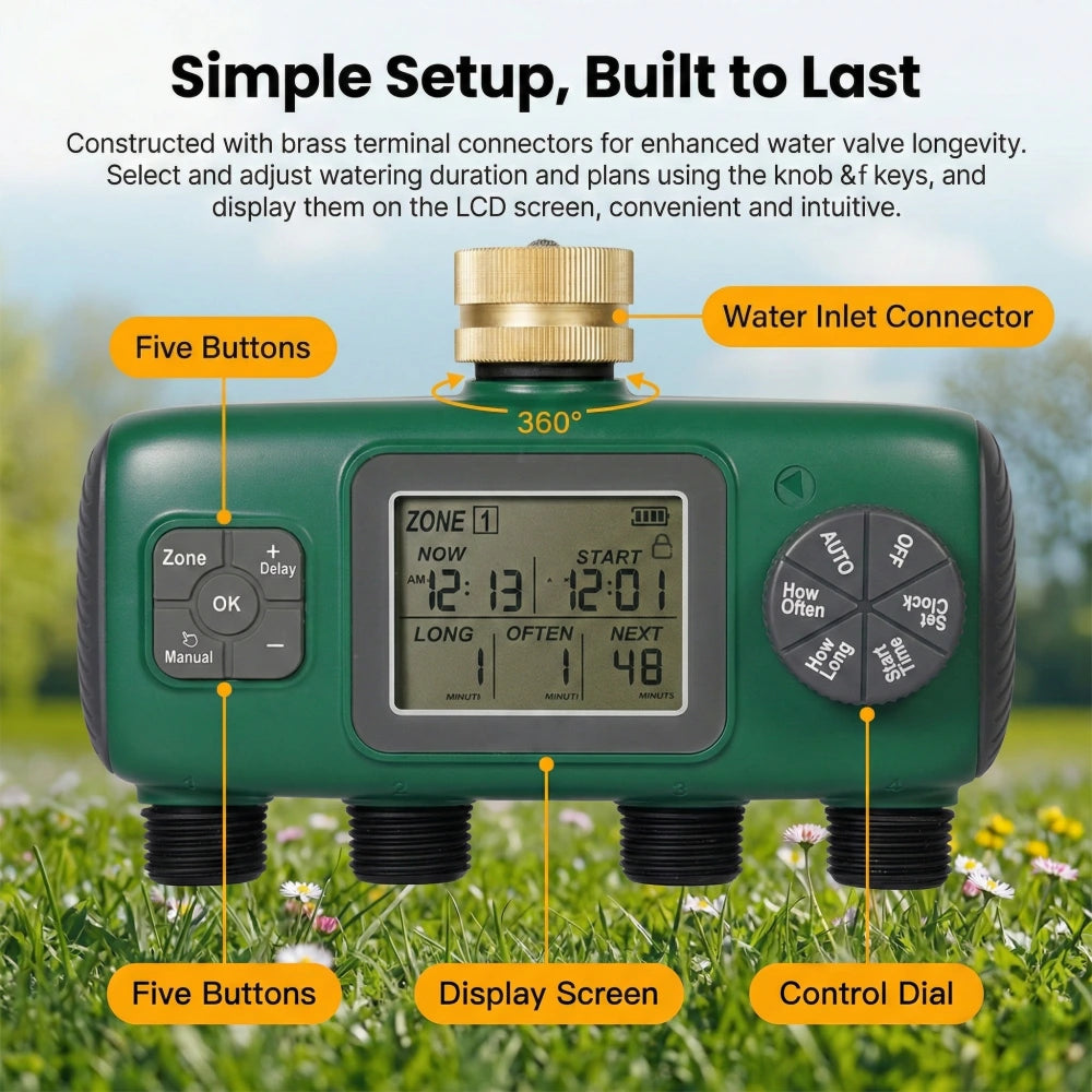 Constructed with brass terminal connectors for enhanced water valve longevity.Select and adjust watering duration and plans using the knob &f keys, anddisplay them on the LCD screen, convenient and intuitive.