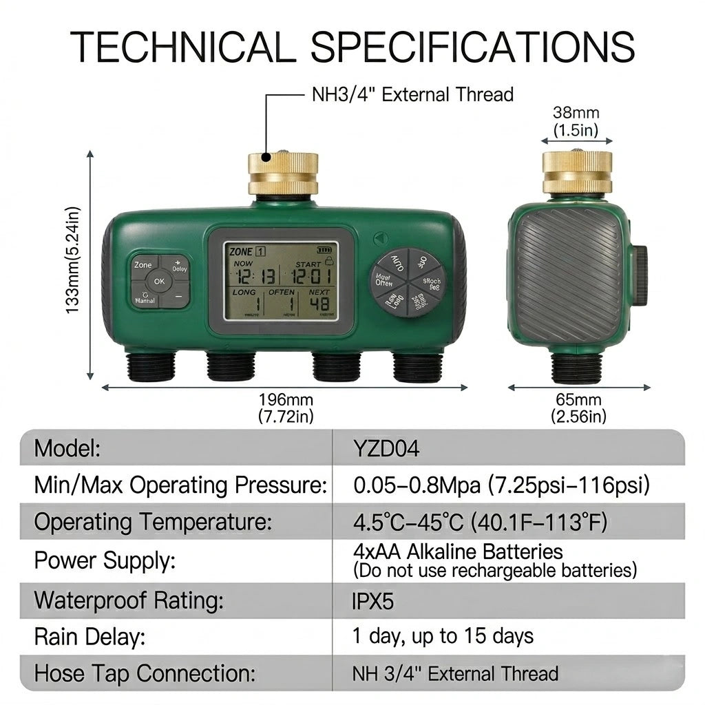 Model: YZD04
Min/Max Operating Pressure: 0.05-0.8Mpa (7.25psi-116psi)
Operating Temperature: 4.5°C-45°C (40.1F-113°F)
Power Supply: 4xAA Alkaline Batteries(Do not use rechargeable batteries)
Waterproof Rating: IPX5
Rain Delay: 1 day, up to 15 days
Hose Tap Connection: NH 3/4" External Thread