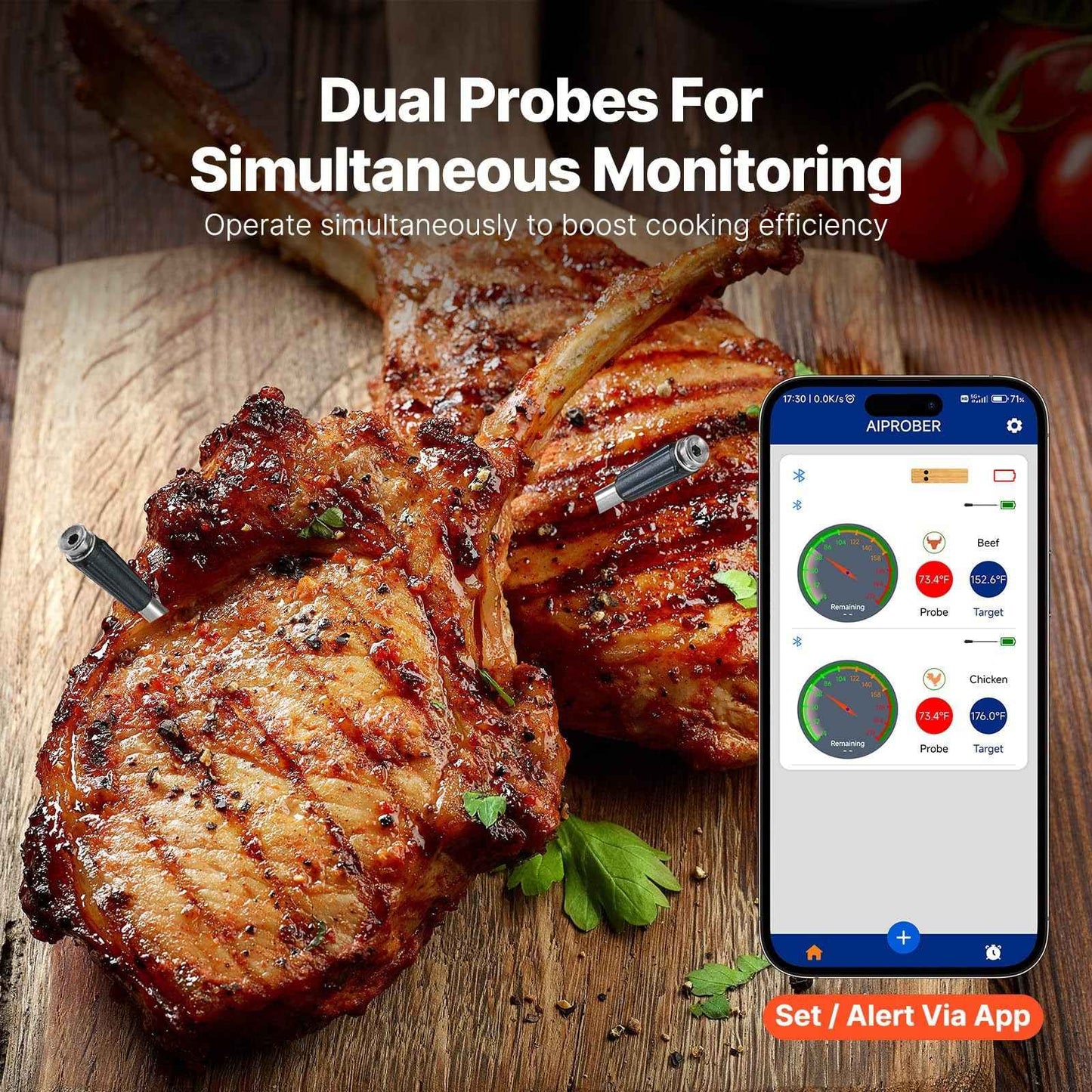 Bluetooth Meat Thermometer - Smart Probe with Wooden Case & APP