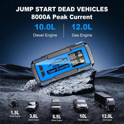 8000A Heavy-Duty Jump Starter - 100W Fast Charge & 32000mAh Portable Power