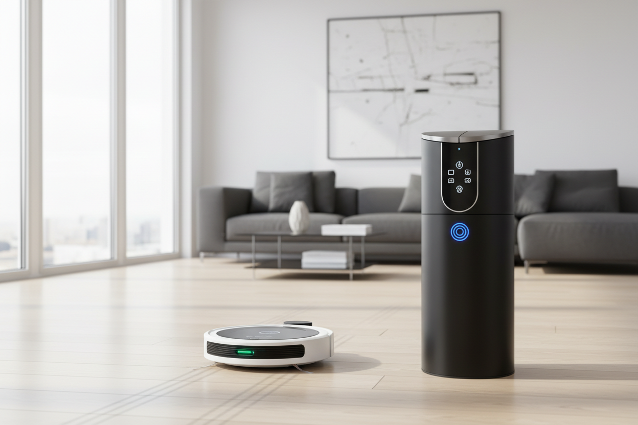 Smart Cleaning Scene - Robot Vacuum and Smart Sensor Trash Can